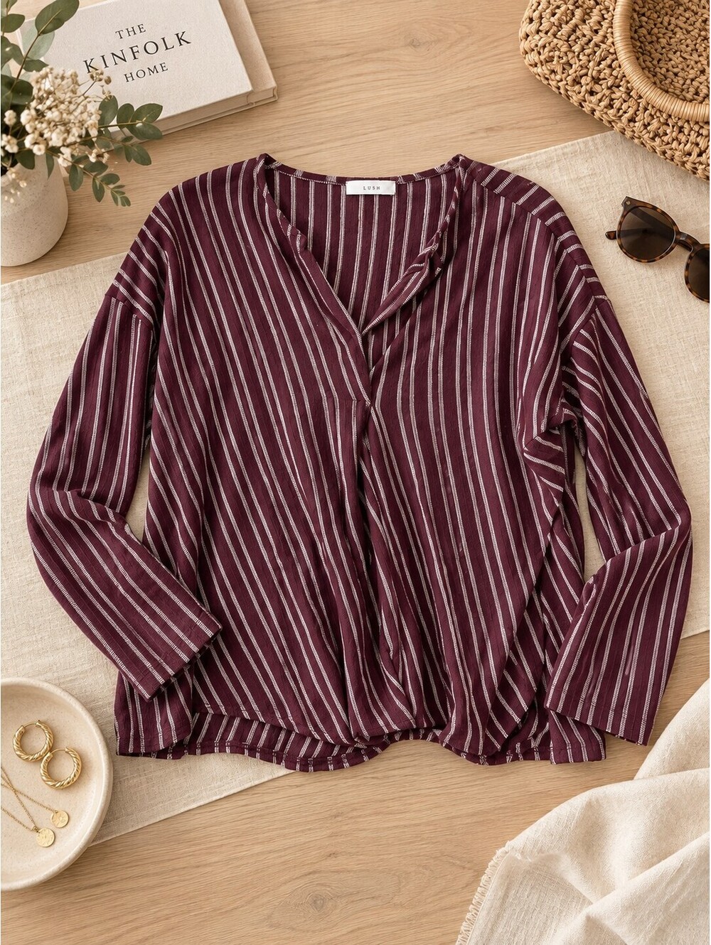 LUSH Striped Surplice Wrap Front Long Sleeve Top Maroon Burgundy Medium M (EUC)
